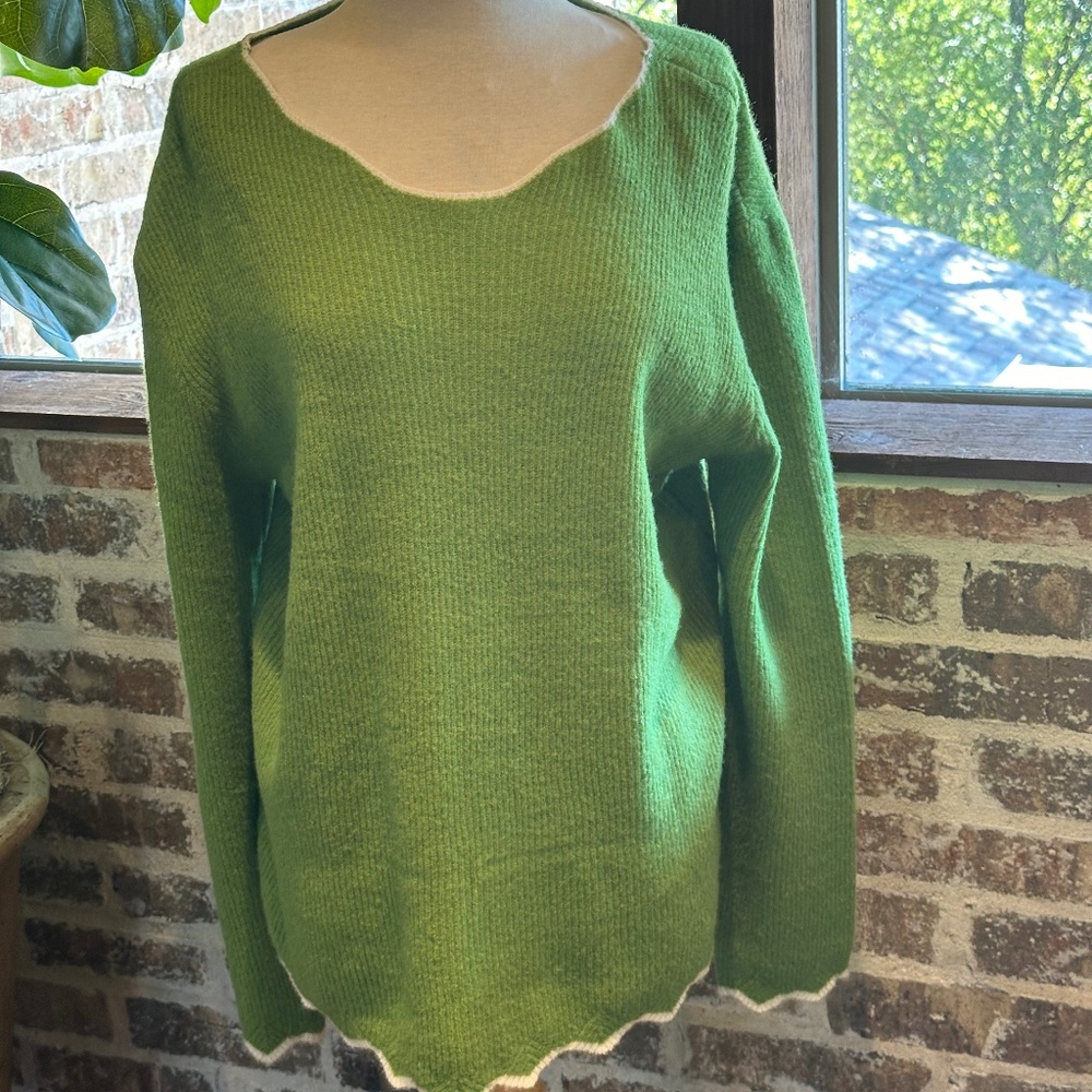 Green V-Neck Sweater with White‎ Trim-Size Large